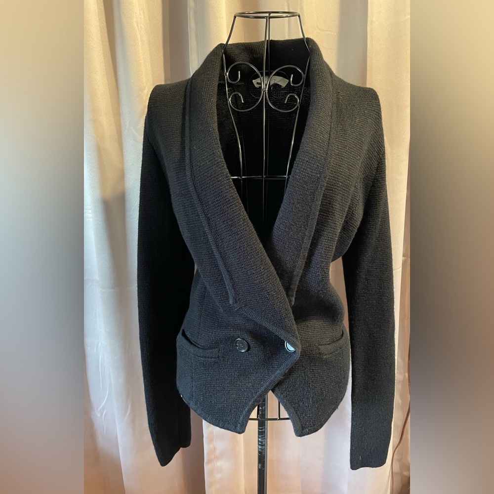 Loft Wool Blend Knit Snap Button Black Sweater Jacket Size XS
